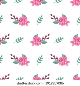 Cute stylish seamless pattern with sakura flowers and twigs. Spring print is suitable for textiles, wrapping paper, various designs. Flat vector illustration