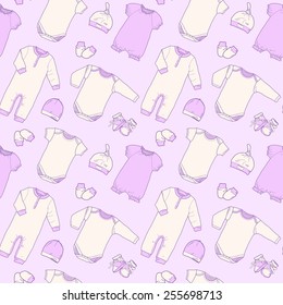 Cute and stylish set of clothes for newborns: hats, bodysuitÃ?Â , booties and mittens.  Suitable Clothing for newborns, posters, children's decor, and a children's holiday, baby shower.