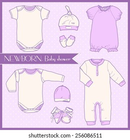 Cute and stylish set of clothes for newborns: hats, bodysuitsÂ , booties and mittens.  Suitable Clothing for newborns, posters, children's decor, and a children's holiday, baby shower.