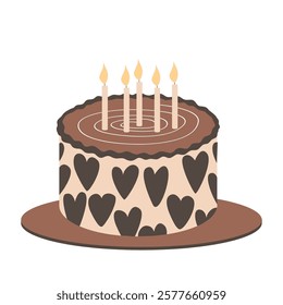 Cute stylish sweet bento cake with hearts a lighting candles. Isolated vector illustration