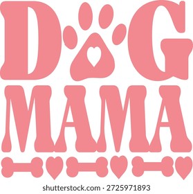 Nettes und stylisches "Dog Mama" Typografie-Design mit Pfotenabdruck und Knochenerelementen. Kreativer, handgeschriebener Text in einer sanften, rosa Farbpalette, perfekt für Hundeliebhaber und Haustiermütter. Ideal für T-Shirts, Kapuzen, Becher, Taschen, Poster, Aufkleber, Grußkarten und Handelsartikel zum Thema Haustiere. Geeignet für Geschenke zum Muttertag, Bekleidung für Tierliebhaber, Hundezitate und Designs zum Thema Tiere.