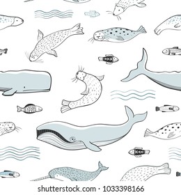 Cute stylish vector pattern with sea animals and fish on a white background.