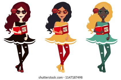 Cute stylish witches with RIP books. Three fashion girls are going to Halloween party. Halloween costumes.