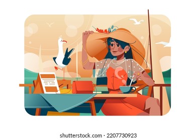 Cute stylish woman drinking coffee at cafe vector illustration. Elegant female enjoying coffee at cafe terrace. French style flat concept