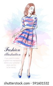 Cute stylish young girl in dress. Hand drawn beautiful woman in fashion clothes. Sketch. Vector illustration.