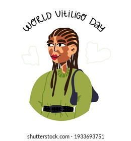Cute stylish young woman with braids and hand lettering World vitiligo day. Vector cartoon style illustration on isolated background.