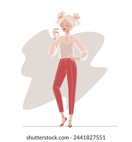 Cute stylish young woman drinks coffee away. Beautiful blonde slim girl enjoying her beverage. Vector illustration.