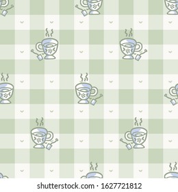 Cute stylized afternoon teacup seamless vector pattern. Hand drawn green gingham domestic ceramic kettle background. Hot drink kitchenware home decor. British crockery all over print. 