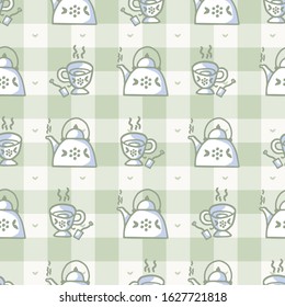 Cute stylized afternoon teapot and teacup seamless vector pattern. Hand drawn green gingham domestic ceramic kettle background. Hot drink kitchenware home decor. British crockery all over print. 