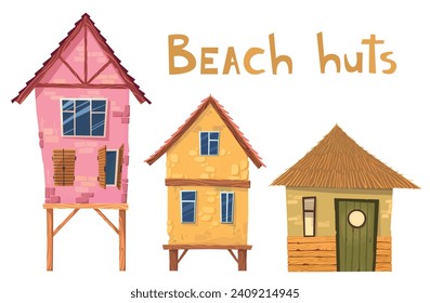 Cute stylized beach houses front view. Sunny summer bungalow collection