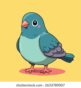 A cute, stylized bird illustration features teal and purple plumage, large eyes, and orange feet.