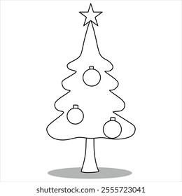 "Cute stylized black and white vector illustration of a Christmas tree with simple ornaments, ideal for coloring books, DIY projects or minimalist decoration."