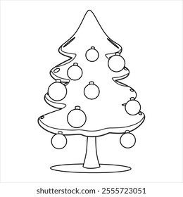 "Cute stylized black and white vector illustration of a Christmas tree with simple ornaments, ideal for coloring books, DIY projects or minimalist decoration."