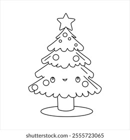 "Cute stylized black and white vector illustration of a Christmas tree with simple ornaments, ideal for coloring books, DIY projects or minimalist decoration."