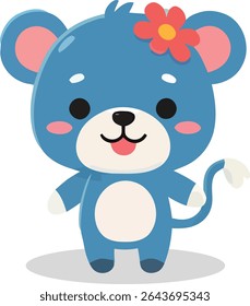 A cute, stylized blue mouse cartoon character with a red flower on its head, pink cheeks, and a white belly, standing upright.