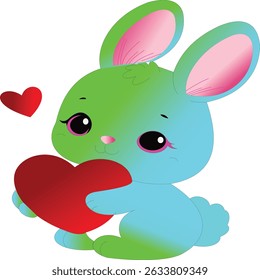 A cute, stylized cartoon bunny holds a large red heart, with a smaller red heart floating nearby. The bunny features a vibrant gradient from blue to green on its body, with bright pink inner ears and 