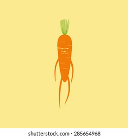 Cute stylized cartoon carrot character with cropped green top as hair, lots of points as big eyes, smile and small nose, roots as hands and legs isolated on light yellow background. Logo template