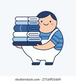 Un personaje de dibujos animados lindo y estilizado con un vientre redondo, con un overol y una camisa a rayas, sostiene una Grande pila de toallas azules y blancas cuidadosamente dobladas.