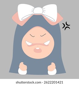 A cute, stylized cartoon girl with a large pink and white bow expresses frustration or anger.  Simple, minimalist design, perfect for animation, social media, or children's illustrations.