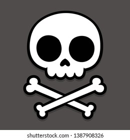 Cute stylized cartoon skull and crossbones doodle. Simple hand drawn Jolly Roger sign, vector illustration on dark background.