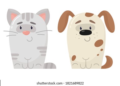 Cute stylized cat and dog. Pets. Vector animal isolates in flat cartoon style.