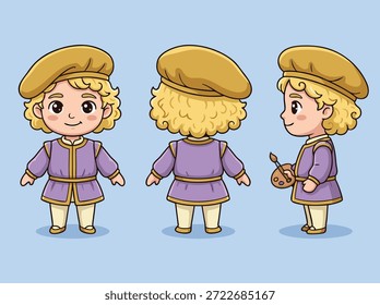 Un personaje chibi lindo y estilizado de un artista del Renacimiento, que se muestra desde el frente, la espalda y el costado. El artista lleva una túnica púrpura y una boina marrón.