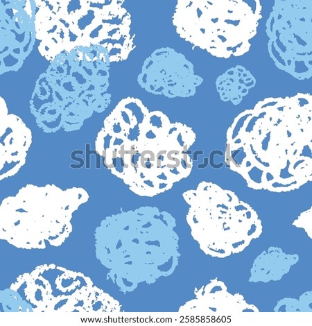 Cute stylized clouds, seamless doodle pattern. Cartoon drawing of blue sky. Painted hand drawn camouflage with dry brush, scribble texture for childish wallpaper, background, fabric print. Vector