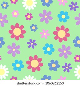 cute stylized daisy flower seamless pattern on bright pastel colors on green background, vector eps10