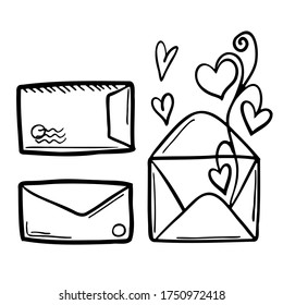 Cute stylized doodle envelopes. A hand-drawn set of elements - open, closed, with letters, hearts, a stack of envelopes. Vector Illustrations for cards, posters, stickers and design. 