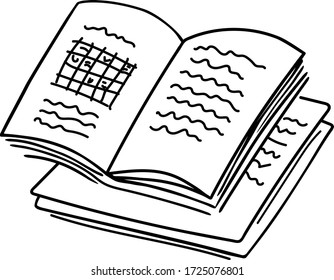 Un joli carnet ouvert de doodle stylisé (journal, livre) avec du texte et une table se trouve sur une pile de papiers. Illustration vectorielle dessinée à la main pour la conception. Des contours noirs sur un fond blanc isolé.