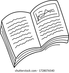 A cute stylized doodle open notebook (diary, book) with a text and a graph. Hand-drawn vector illustration for cards, stickers and professional design. Black outlines on a white isolated background.