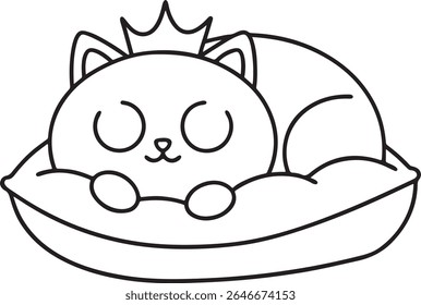 A cute, stylized drawing of a cat wearing a crown, sleeping peacefully on a soft pillow. This charming illustration is isolated on a clean white background.