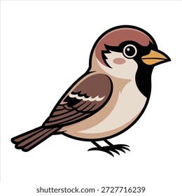 A cute, stylized drawing of a sparrow perched on its feet, looking to the right.