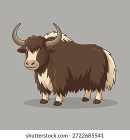 Un dibujo lindo y estilizado de un yak con pelaje largo y peludo y cuernos curvos.