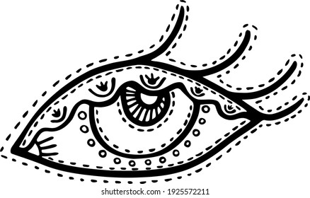 Cute stylized eye with long eyelashes. Black and white line art. Hand drawn doodle. Picture of the mystical symbol for evil eye amulets. Themes of magic, yoga and healthy lifestyle. 