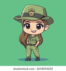 A cute, stylized female park ranger with large eyes, long brown hair, and a confident pose.