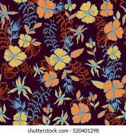 Cute stylized flowers with leaves on a dark background.