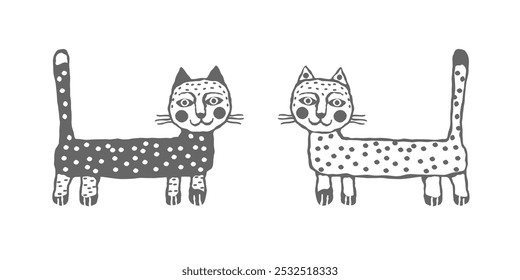 Cute stylized folk hand-drawn cats. Vector illustration