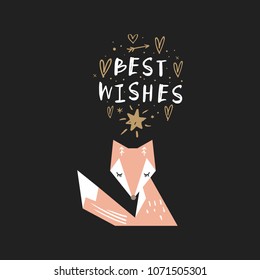 Cute stylized fox and sign. Postcard template. Clipart, isolated vector illustration.