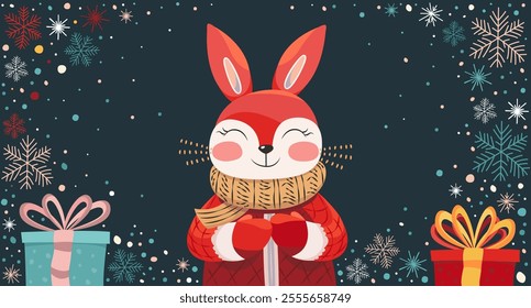 Cute stylized fox in winter clothes on a blue background with snowflakes. Cartoon fox enjoying winter. Winter concept. Vector illustration of a fox in a sweater, gloves and a scarf. Fox and gifts