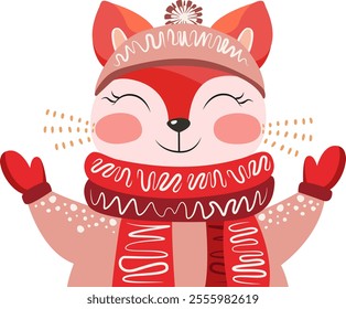 Cute stylized fox in winter clothes. Cartoon fox enjoying winter. Vector illustration of fox in sweater, gloves and scarf isolated on background