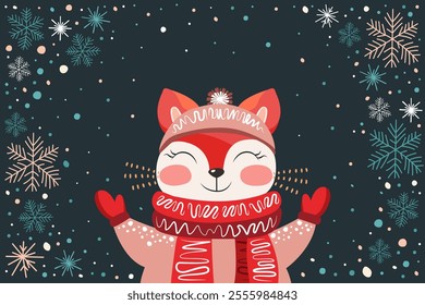 Cute stylized fox in winter clothes on a blue background with snowflakes. Cartoon fox enjoying winter. Winter concept. Vector illustration of a fox in a sweater, gloves and a scarf