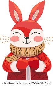 Cute stylized fox in winter clothes. Cartoon fox enjoying winter. Vector illustration of fox in sweater, gloves and scarf isolated on background