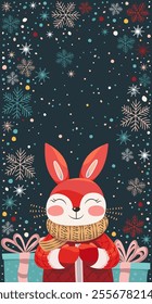 Cute stylized fox in winter clothes on a blue background with snowflakes. Cartoon fox enjoying winter. Winter concept. Vector illustration of a fox in a sweater, gloves and a scarf. Fox and gifts