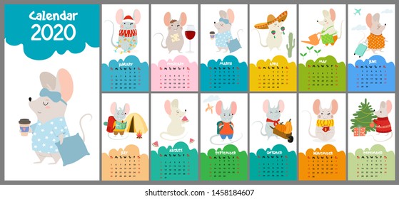 Cute, stylized hand-drawn monthly 2020 calendar with rats. Can be used for banner, poster, card, postcard and printable.