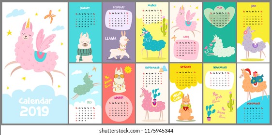 Stilvolle, handgezeichnete Monatskalender für 2019 mit Lama. Kann für Banner, Poster, Karte, Postkarte und druckbar verwendet werden.