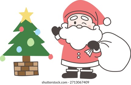 Cute stylized hand-drawn vector illustration of Santa Claus and a Christmas tree