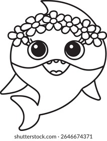 A cute, stylized illustration of a baby shark wearing a flower crown. The outline drawing is presented on a clean white background, perfect for coloring or design.