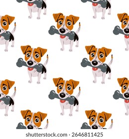 Uma ilustração bonitinha e estilizada de um filhote de cachorro Jack Russell Terrier segurando um grande osso cinza em sua boca, com sua língua visível. O cão tem o pelo branco com marcas marrons e pretas e expressivo