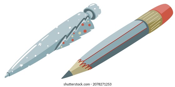 Cute stylized illustration of pen with christmas tree design and blue pencil